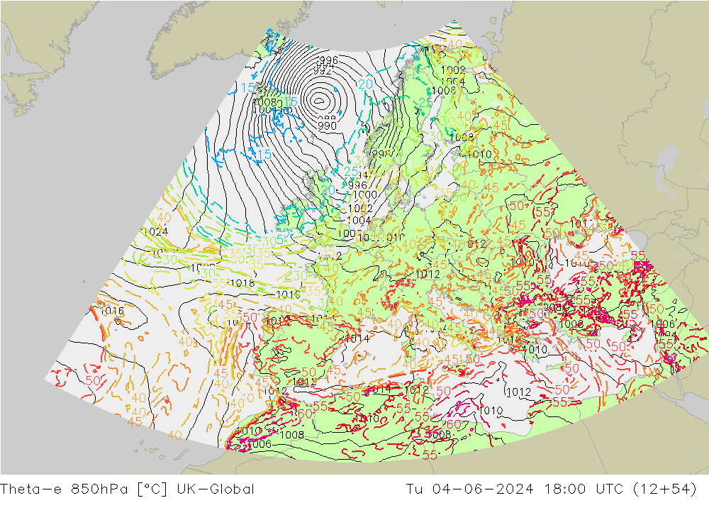 Theta-e 850hPa UK-Global Út 04.06.2024 18 UTC