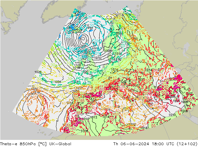 Theta-e 850hPa UK-Global Čt 06.06.2024 18 UTC