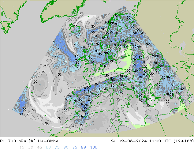 Humidité rel. 700 hPa UK-Global dim 09.06.2024 12 UTC