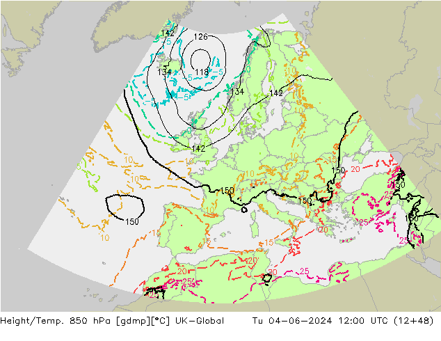 Geop./Temp. 850 hPa UK-Global mar 04.06.2024 12 UTC