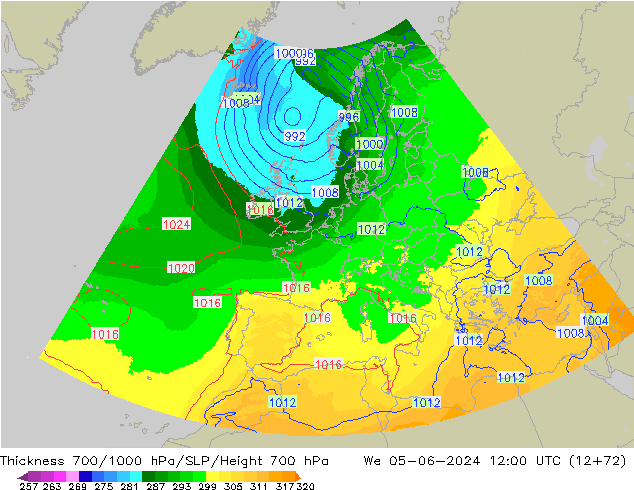 Thck 700-1000 hPa UK-Global śro. 05.06.2024 12 UTC
