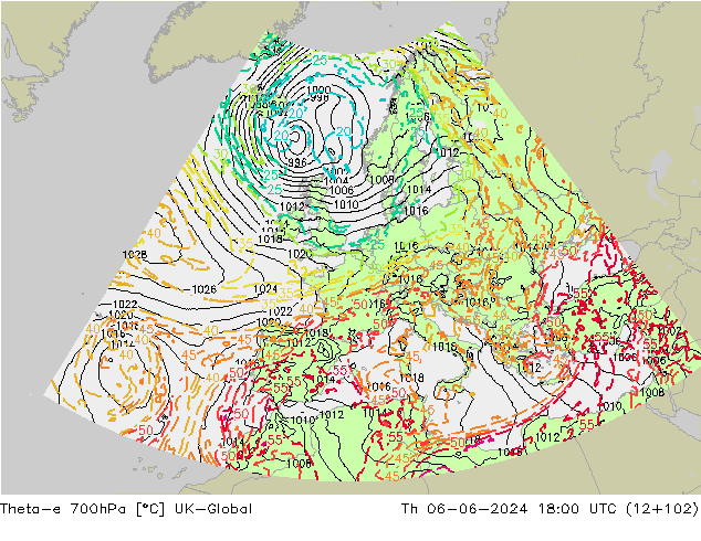 Theta-e 700hPa UK-Global Per 06.06.2024 18 UTC