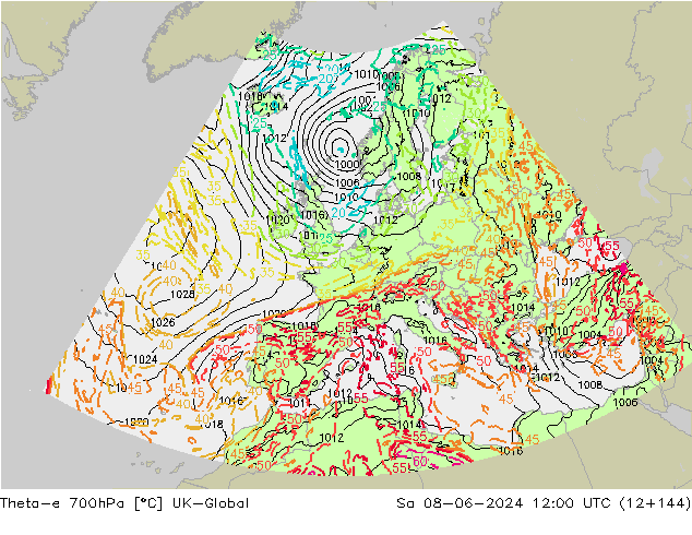 Theta-e 700hPa UK-Global sáb 08.06.2024 12 UTC