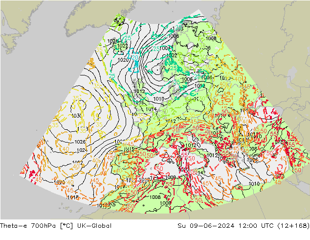 Theta-e 700hPa UK-Global zo 09.06.2024 12 UTC