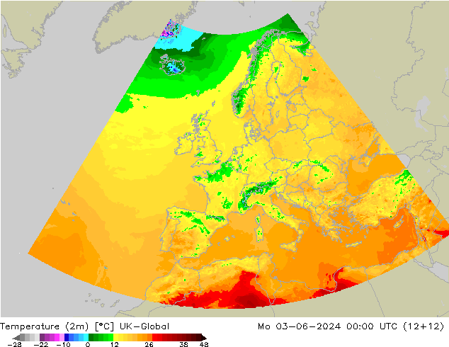 Temperature (2m) UK-Global Mo 03.06.2024 00 UTC
