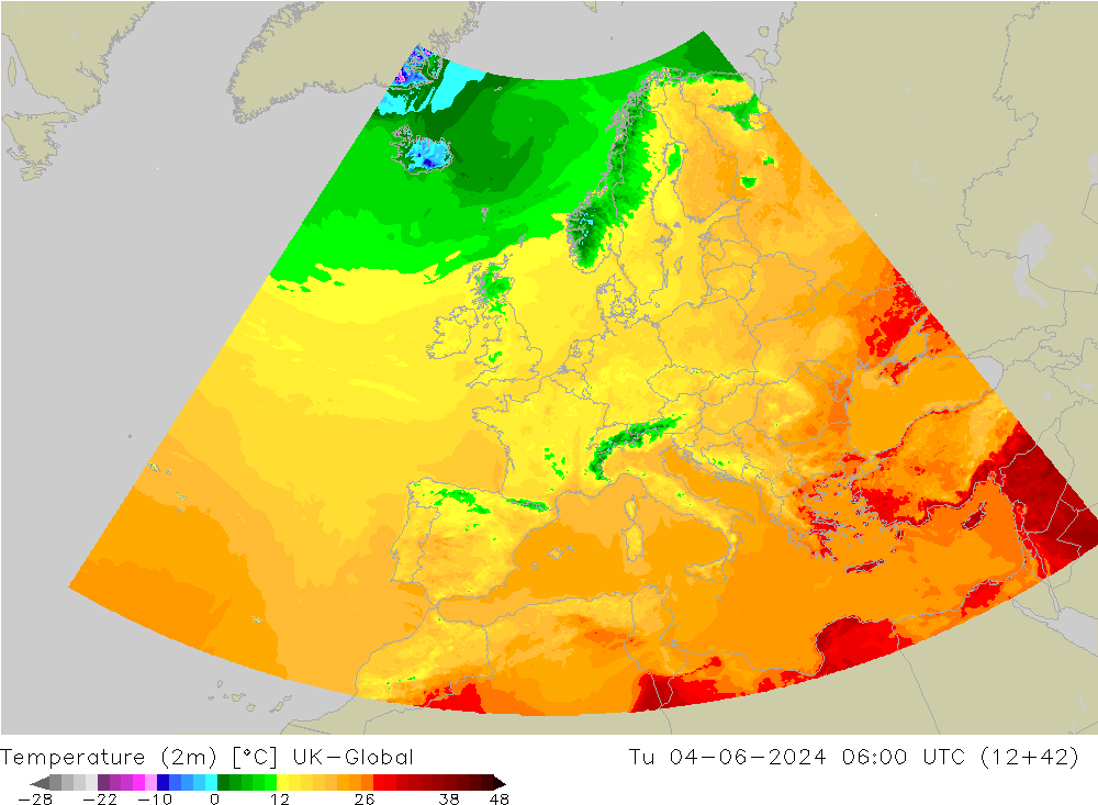 Temperature (2m) UK-Global Tu 04.06.2024 06 UTC