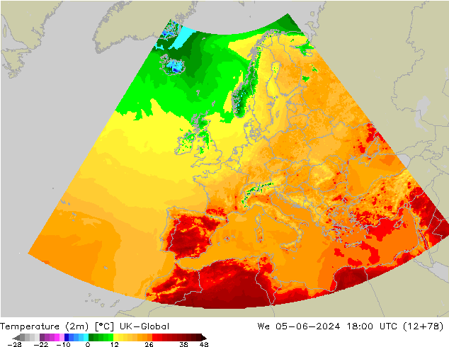 Temperatura (2m) UK-Global mié 05.06.2024 18 UTC