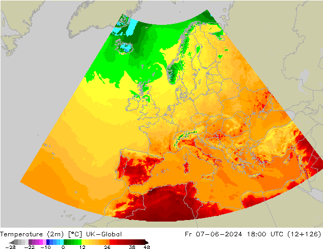 Temperatura (2m) UK-Global vie 07.06.2024 18 UTC