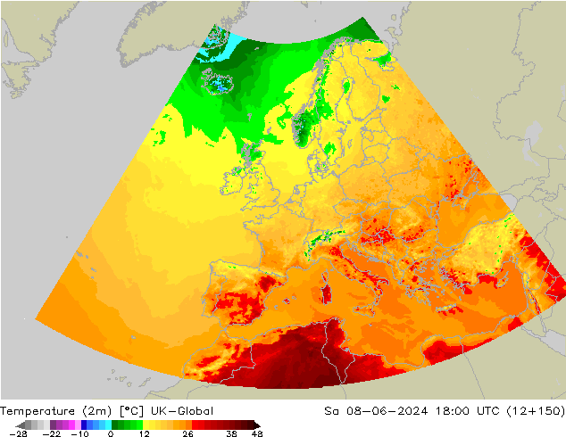 Temperatura (2m) UK-Global Sáb 08.06.2024 18 UTC