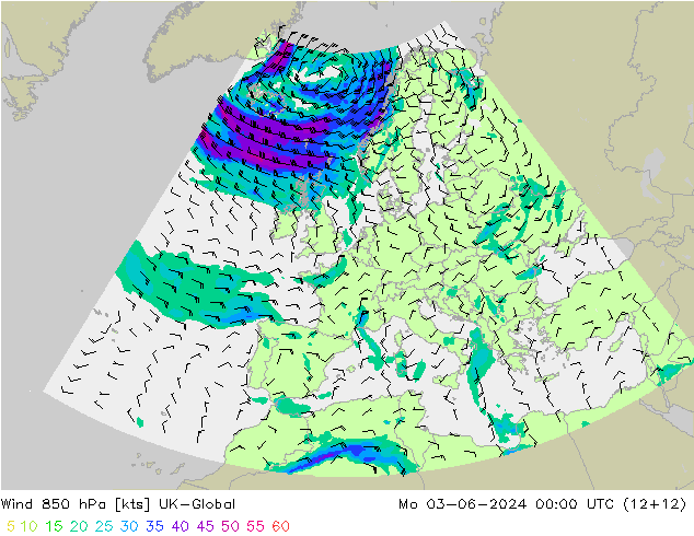 Wind 850 hPa UK-Global Mo 03.06.2024 00 UTC