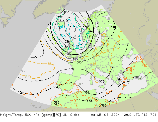 Height/Temp. 500 hPa UK-Global mer 05.06.2024 12 UTC
