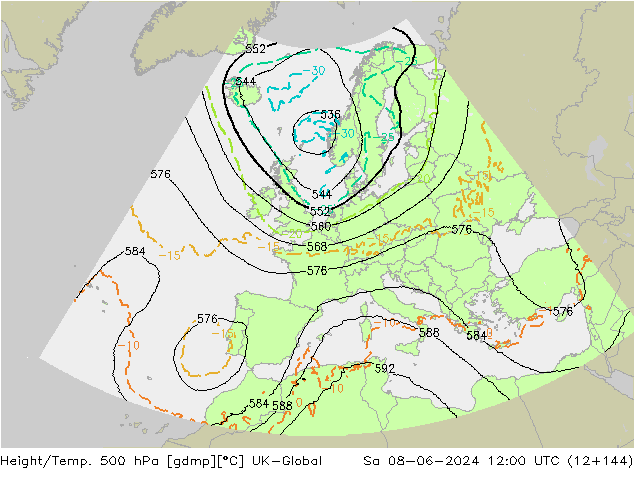 Height/Temp. 500 гПа UK-Global сб 08.06.2024 12 UTC