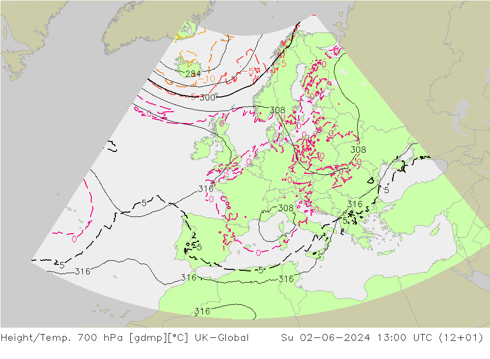 Height/Temp. 700 hPa UK-Global dom 02.06.2024 13 UTC