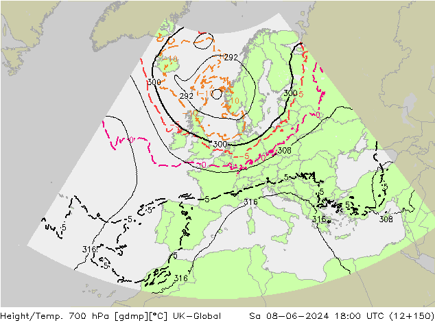 Height/Temp. 700 гПа UK-Global сб 08.06.2024 18 UTC