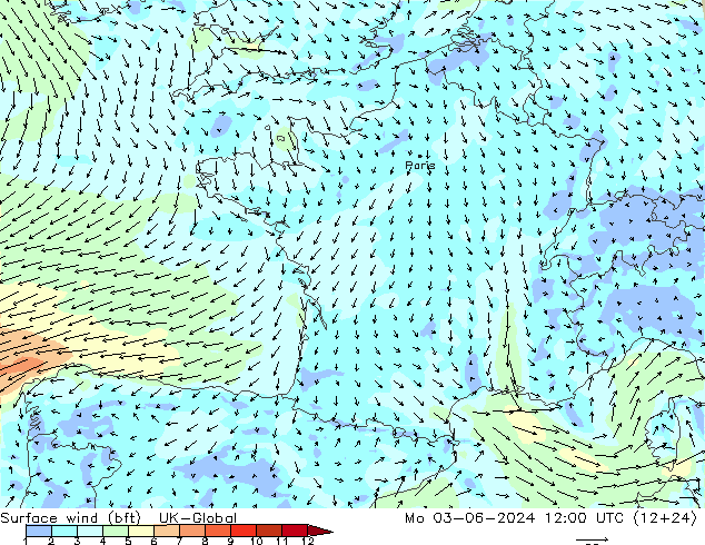 Surface wind (bft) UK-Global Po 03.06.2024 12 UTC