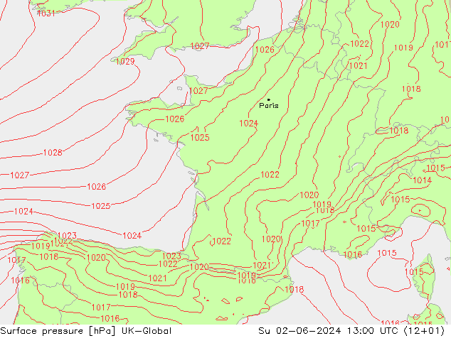 Surface pressure UK-Global Su 02.06.2024 13 UTC