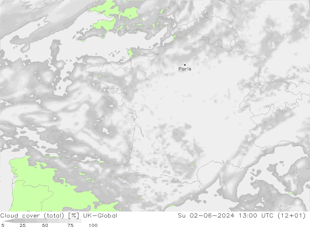 Cloud cover (total) UK-Global Su 02.06.2024 13 UTC