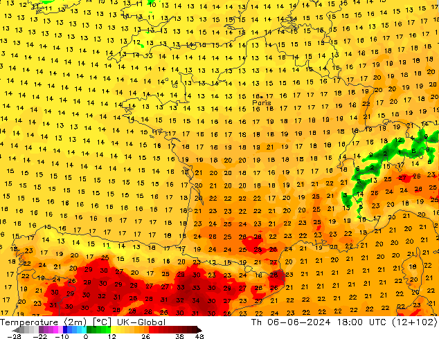 Temperatura (2m) UK-Global jue 06.06.2024 18 UTC