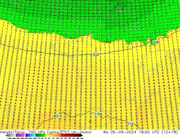 Height/Temp. 700 hPa UK-Global śro. 05.06.2024 18 UTC