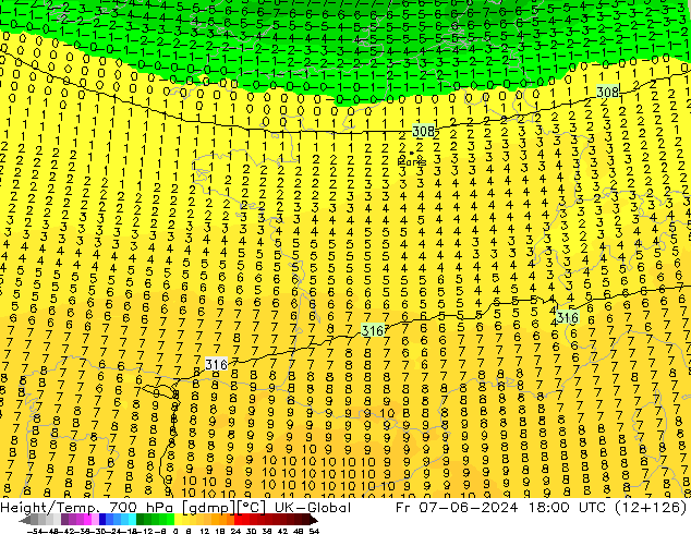 Hoogte/Temp. 700 hPa UK-Global vr 07.06.2024 18 UTC