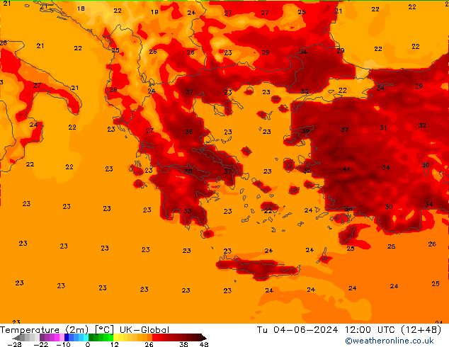 Temperaturkarte (2m) UK-Global Di 04.06.2024 12 UTC