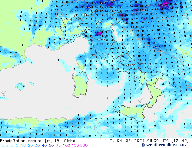 Precipitation accum. UK-Global Tu 04.06.2024 06 UTC