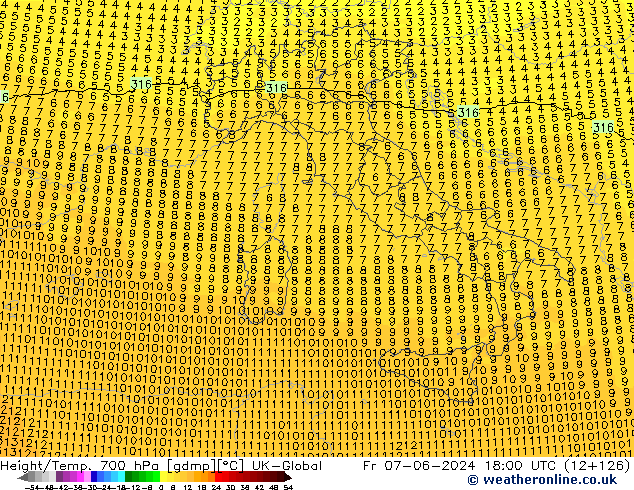 Height/Temp. 700 hPa UK-Global Pá 07.06.2024 18 UTC