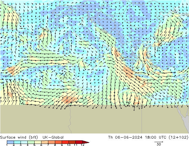 Vento 10 m (bft) UK-Global Qui 06.06.2024 18 UTC