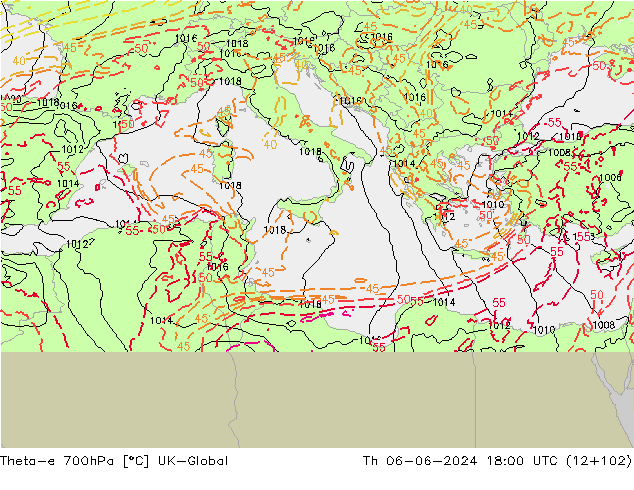 Theta-e 700hPa UK-Global Qui 06.06.2024 18 UTC