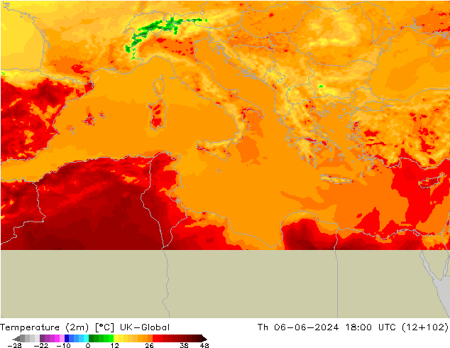 Temperatura (2m) UK-Global Qui 06.06.2024 18 UTC