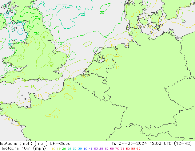 Isotachen (mph) UK-Global Di 04.06.2024 12 UTC