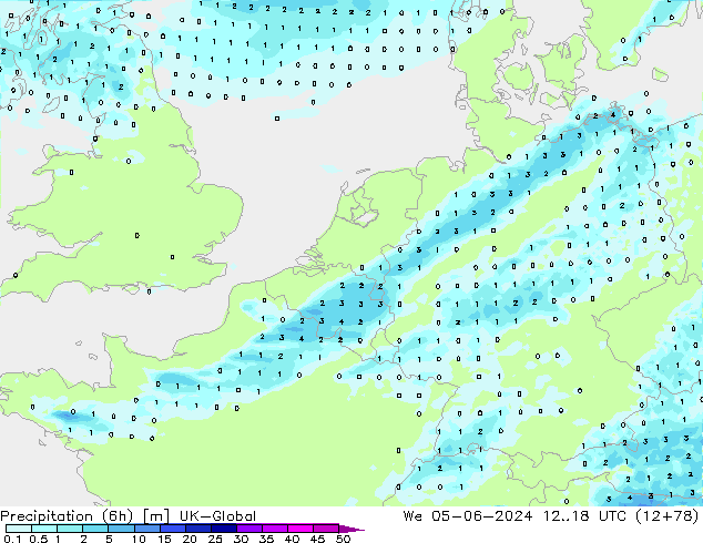 Totale neerslag (6h) UK-Global wo 05.06.2024 18 UTC