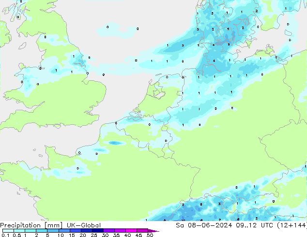 Precipitación UK-Global sáb 08.06.2024 12 UTC