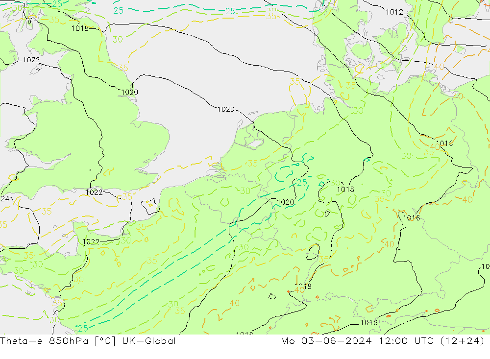 Theta-e 850hPa UK-Global 星期一 03.06.2024 12 UTC