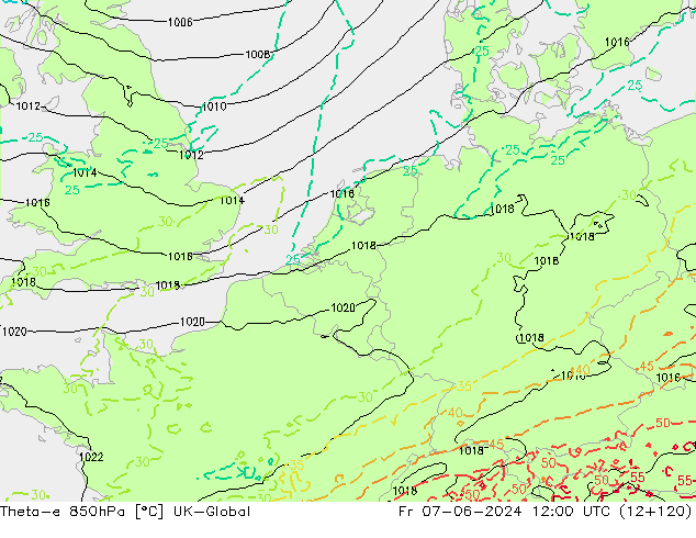 Theta-e 850hPa UK-Global Pá 07.06.2024 12 UTC