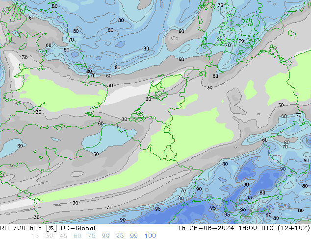 RH 700 hPa UK-Global Th 06.06.2024 18 UTC