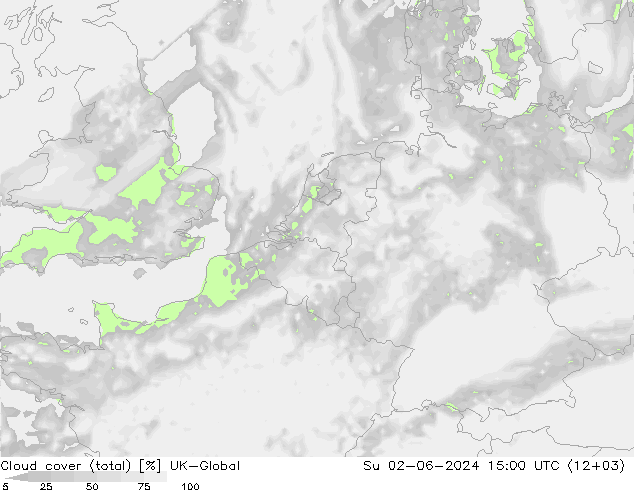 Cloud cover (total) UK-Global Su 02.06.2024 15 UTC
