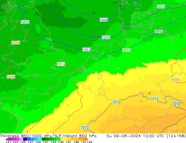 Thck 850-1000 hPa UK-Global dom 09.06.2024 12 UTC