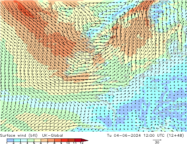 Wind 10 m (bft) UK-Global di 04.06.2024 12 UTC