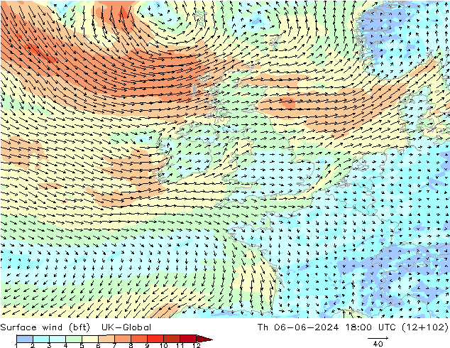 Surface wind (bft) UK-Global Th 06.06.2024 18 UTC