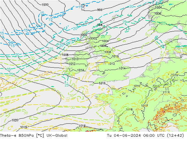 Theta-e 850hPa UK-Global Tu 04.06.2024 06 UTC