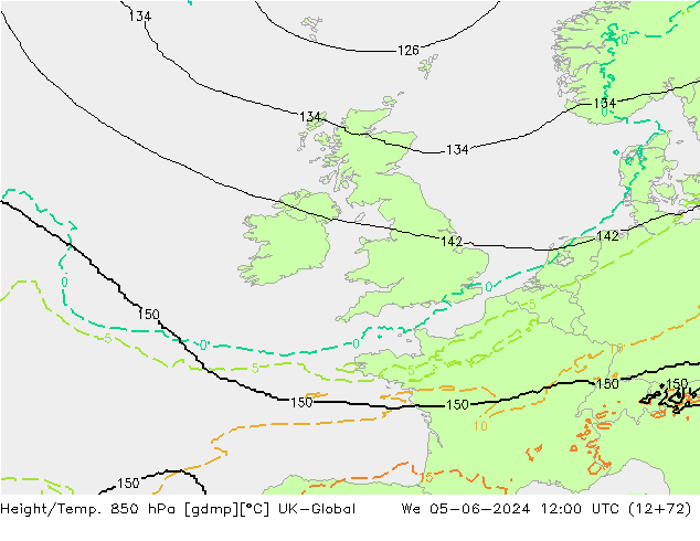 Height/Temp. 850 hPa UK-Global Mi 05.06.2024 12 UTC