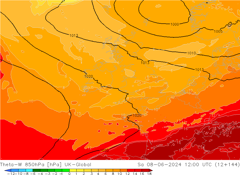Theta-W 850hPa UK-Global sab 08.06.2024 12 UTC