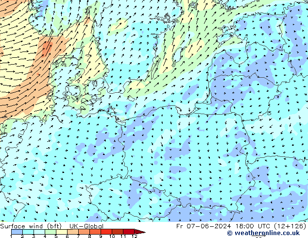 Surface wind (bft) UK-Global Pá 07.06.2024 18 UTC