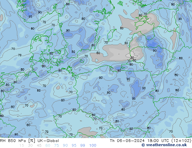 RH 850 hPa UK-Global  06.06.2024 18 UTC