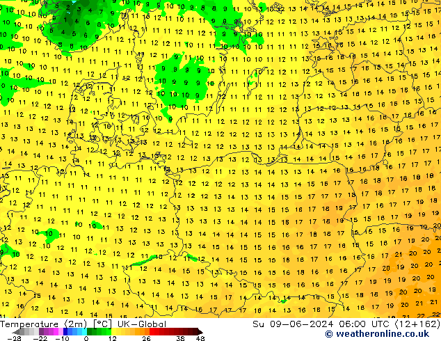 Temperature (2m) UK-Global Su 09.06.2024 06 UTC