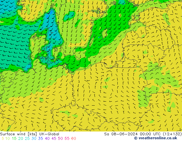 Wind 10 m UK-Global za 08.06.2024 00 UTC