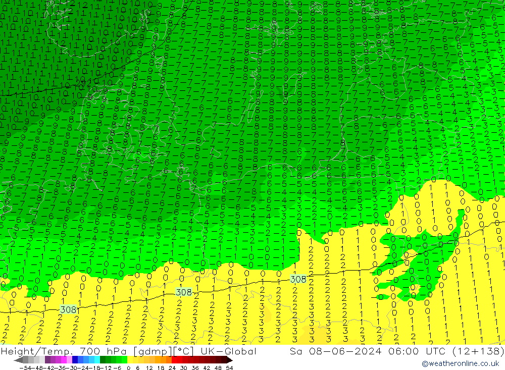 Geop./Temp. 700 hPa UK-Global sáb 08.06.2024 06 UTC