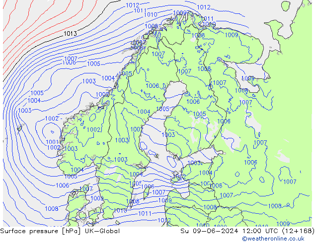 Surface pressure UK-Global Su 09.06.2024 12 UTC