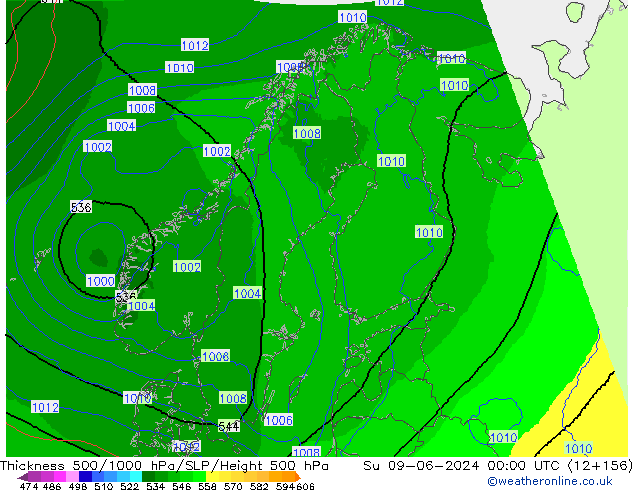 Thck 500-1000гПа UK-Global Вс 09.06.2024 00 UTC